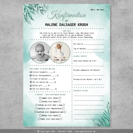 Fremtidsquiz til konfirmation i grønt bladdesign
