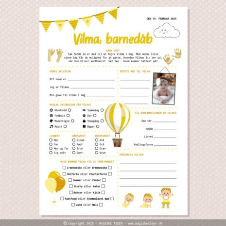 Fremtidsquiz til barnedåb med gul luftballon