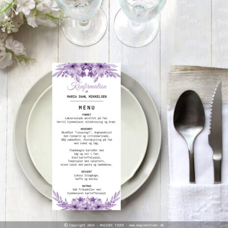 menukort_konfirmation_lilla blomst_pige-baggrund Elegant menukort til konfirmation med lilla blomster