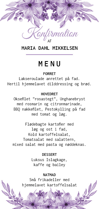 menukort_konfirmation_lilla blomst_pige Menukort til konfirmation med lilla blomster