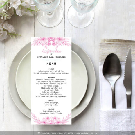 Elegant menukort til konfirmation lyserøde blomster
