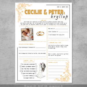 Fremtidsquiz til bryllup i opsætning med guld tema