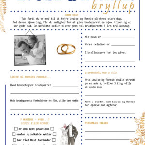 Fremtidsquiz til bryllup i opsætning med kongeblå og guld