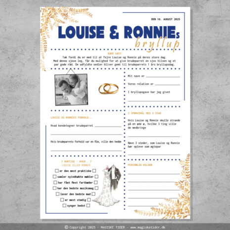 Fremtidsquiz til bryllup i opsætning med kongeblå og guld