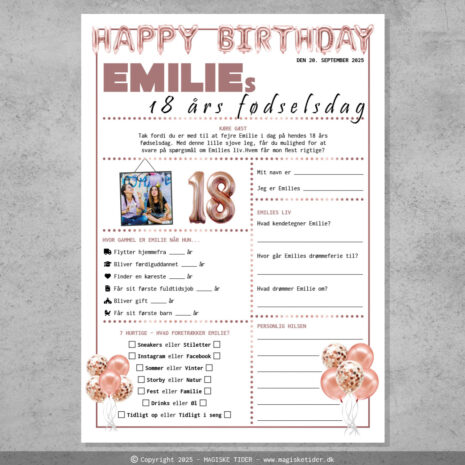 Fremtidsquiz til 18 års fødselsdag i rosegold tema