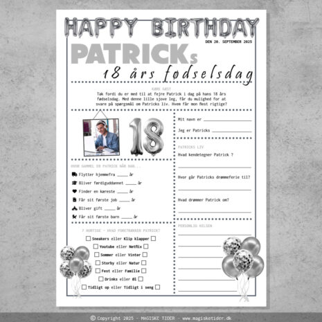 Fremtidsquiz til 18 års fødselsdag i sølv tema